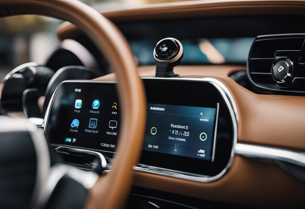 A car dashboard with airpods plugged in and a steering wheel
