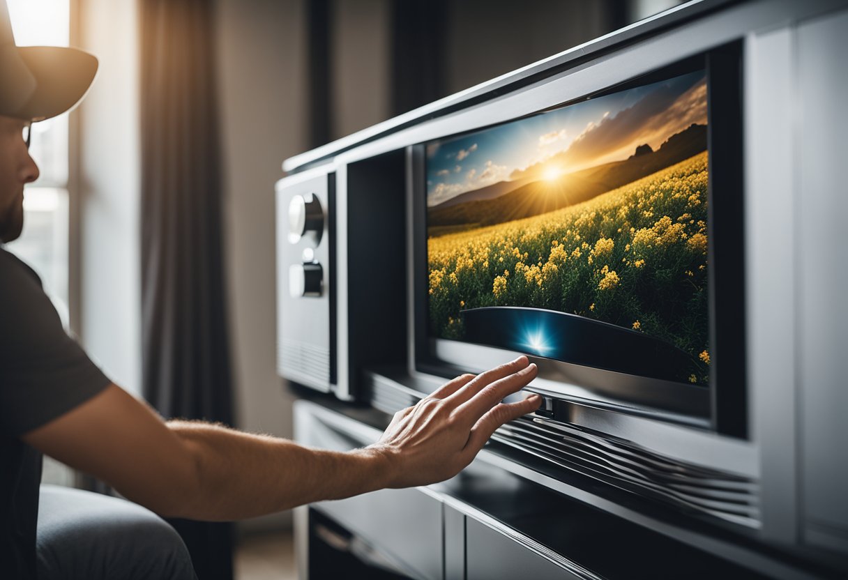 A hand presses the power button on a sleek, modern TV