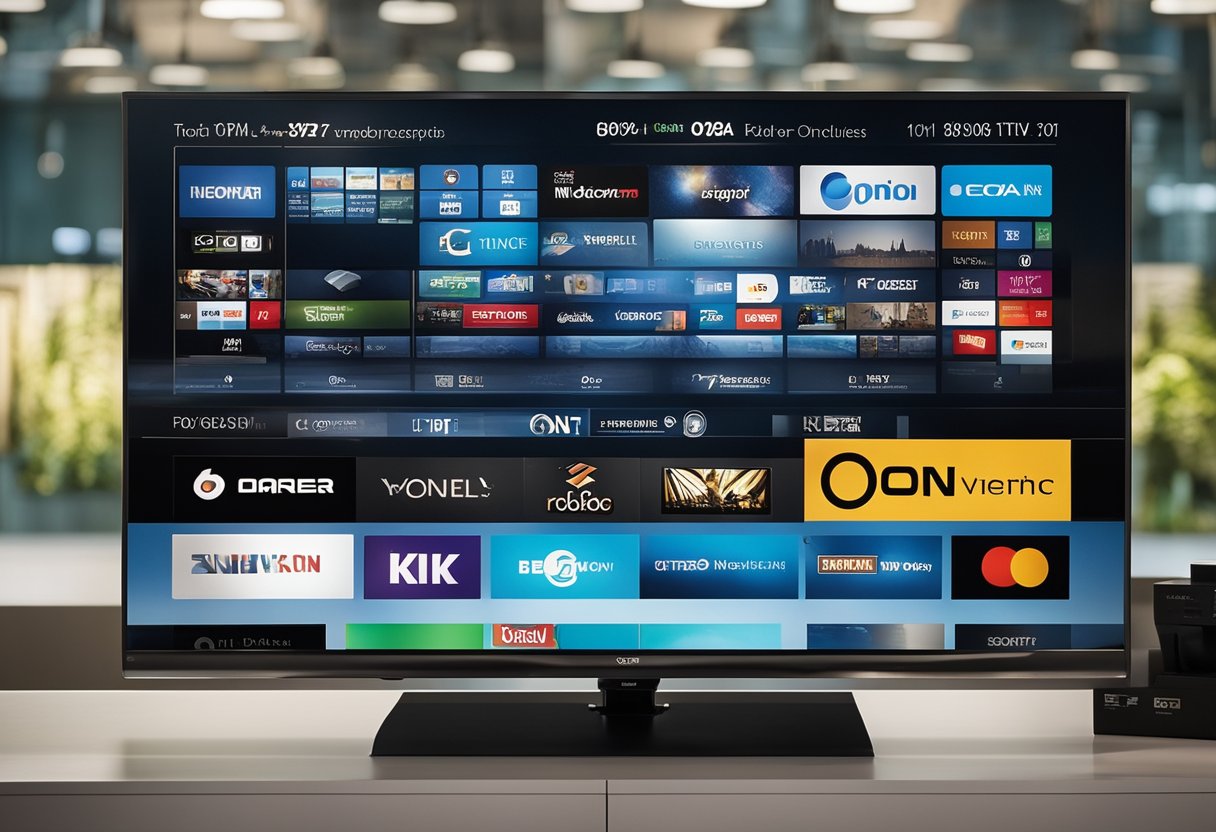 A logo of "onn" TV displayed prominently on a sleek, modern television set with clear product specifications listed below