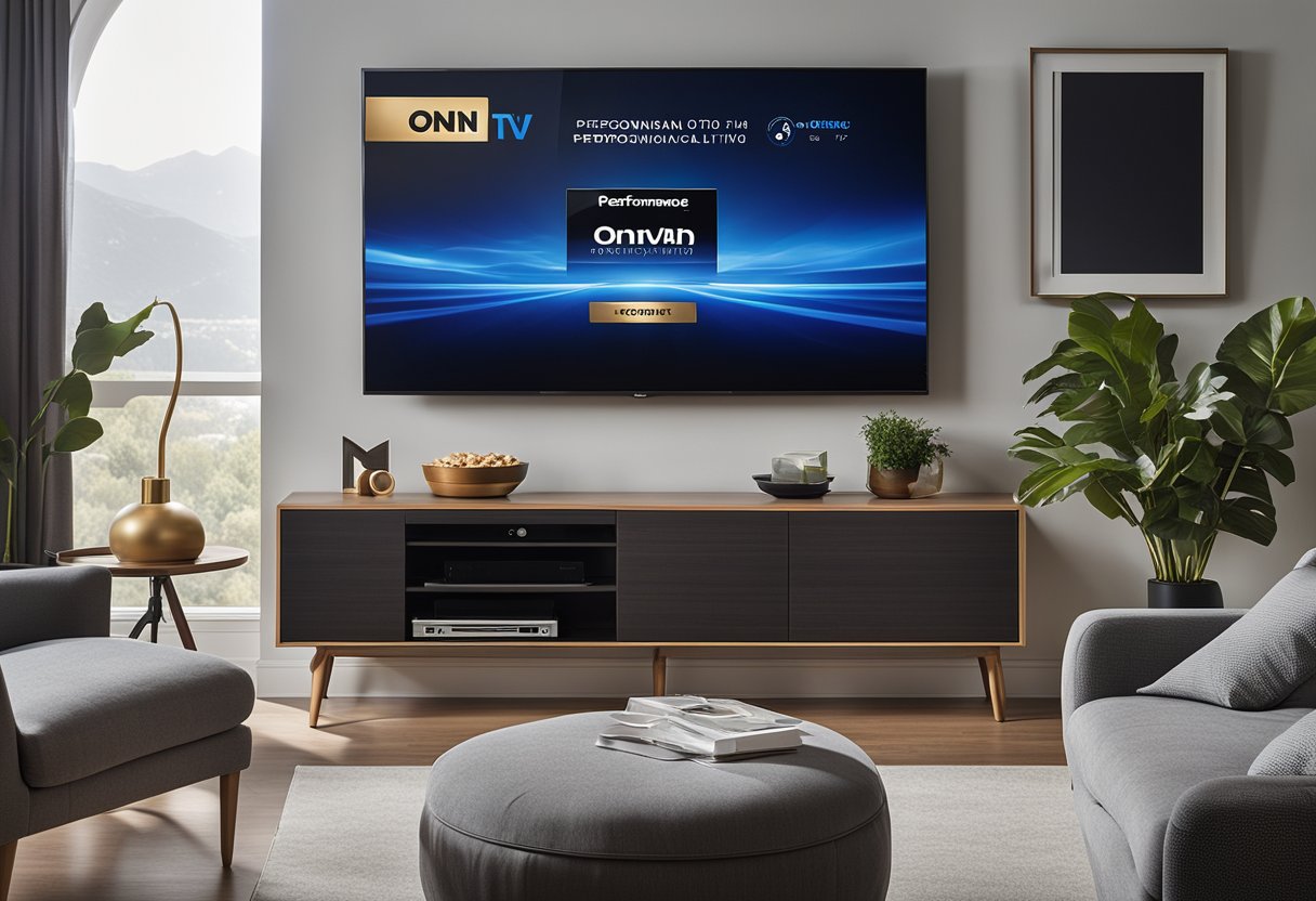 A sleek onn TV displaying crisp images with a logo emphasizing "Performance and Reliability" in a modern living room setting