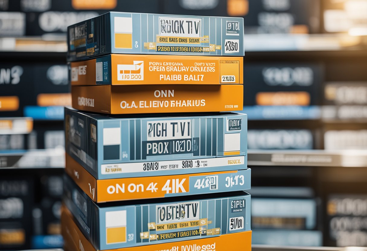A stack of onn TV boxes with clear pricing and value proposition labels