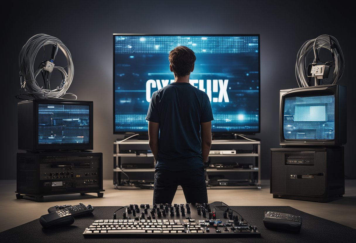 A frustrated user staring at a blank screen with the cyberflix tv logo, surrounded by scattered remote controls and cables