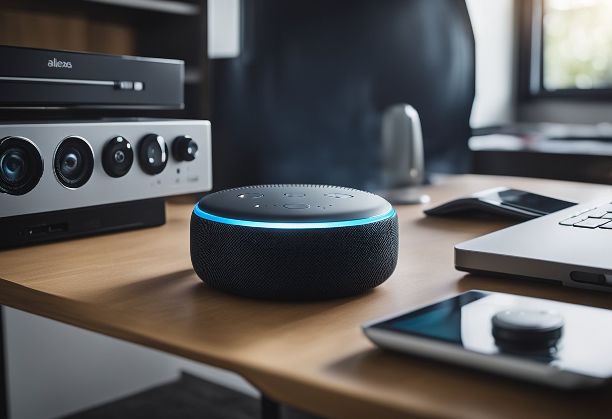 Alexa device with a puzzled expression, surrounded by various electronic devices and a troubleshooting manual